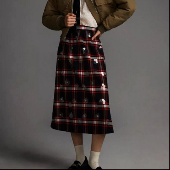 Anthropologie Maeve 8 NWT Embellished Plaid Midi Skirt Sequins Tartan Red Black - Picture 3 of 8